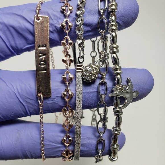 Set of 5 Bracelets: Rose Gold-tone, Gold-tone, Leather, and Silver-tone & Charms - Picture 4 of 5
